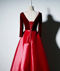 Homecomming Dresses Green, Dark Red Velvet and Satin V-neckline Long Prom Dresses Evening Dress, Red Bridesmaid Dresses