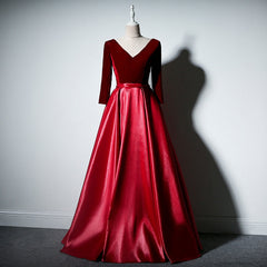 Homecoming Dresses Green, Dark Red Velvet and Satin V-neckline Long Prom Dresses Evening Dress, Red Bridesmaid Dresses