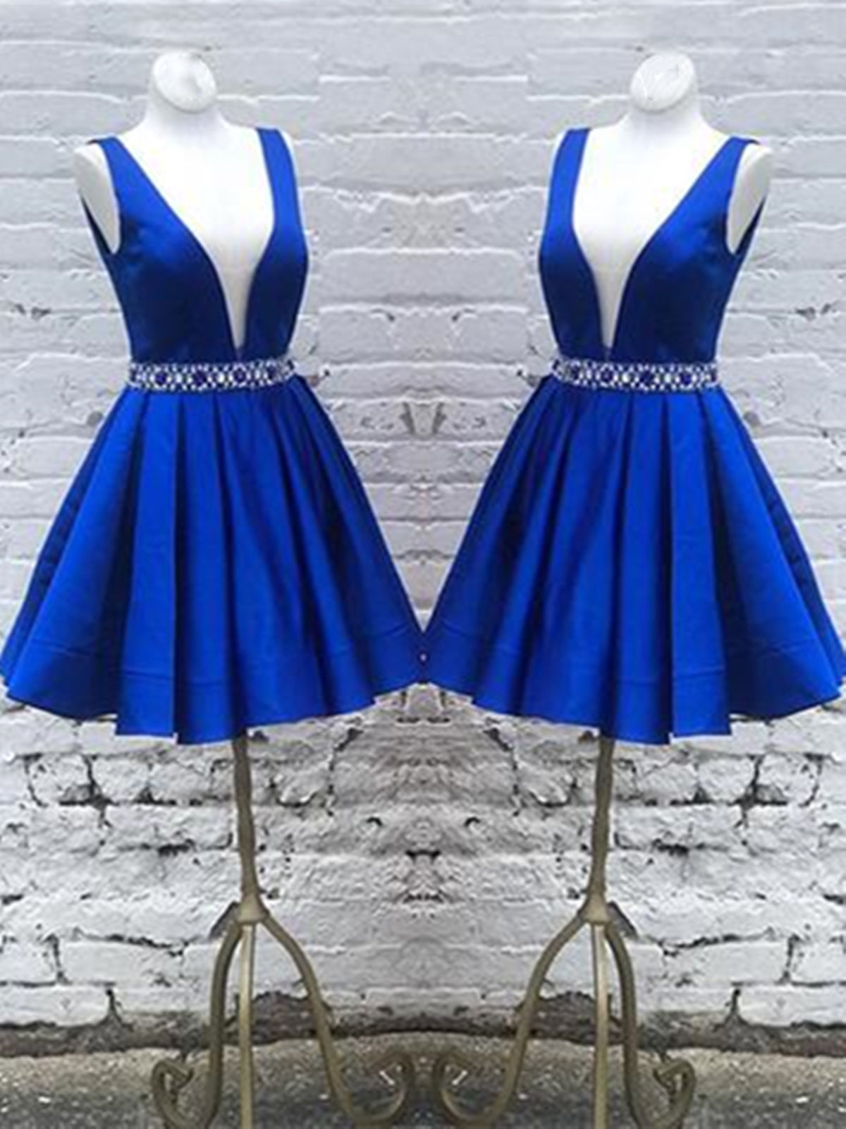 Wedding Shoes Bride, Deep V Neck Royal Blue Short Satin Prom Dresses, Royal Blue V Neck Short Formal Homecoming Dresses