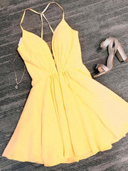 Formal Dresses Lace, Deep V Neck Short Yellow Prom Dresses, Short Backless Formal Homecoming Dresses