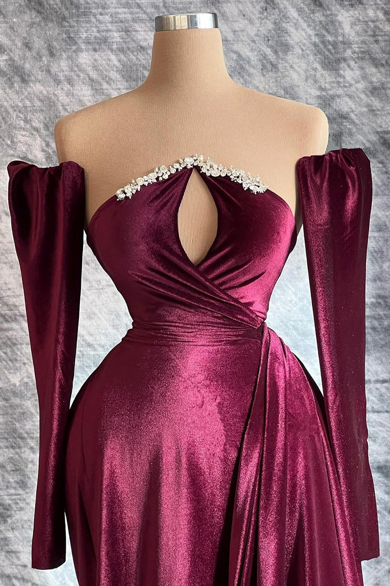 Bridesmaid Dresses Winter, Designer Burgundy Velvet Long Sleeves Prom Dress With Train,Gala Dresses Elegant