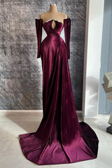 Bridesmaid Dresses Summer Wedding, Designer Burgundy Velvet Long Sleeves Prom Dress With Train,Gala Dresses Elegant