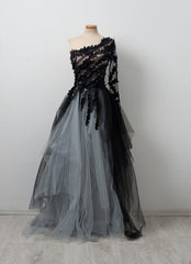 Wedding Dress A Line, Black Ball Gown Wedding Dresses, Tulle One Shoulder