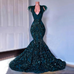 Party Dress Bridal, Dark Green Sequined Mermaid Prom Dresses, 2024 For African Black Girls Court Train Feather V Neck Sexy Formal Party Gowns