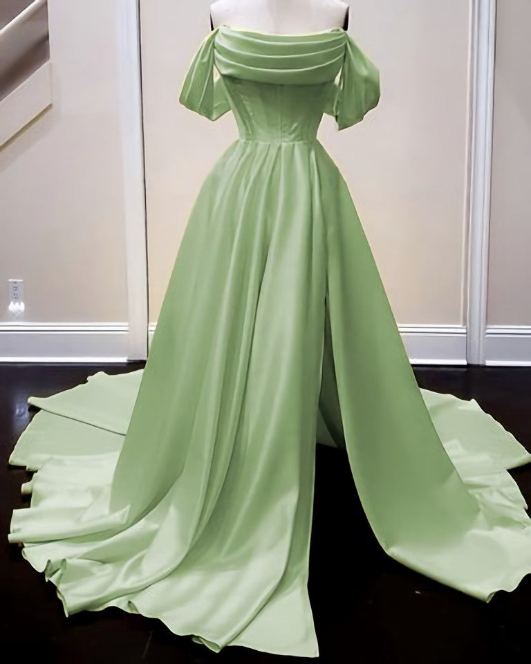 Party Dress Spring, Long Satin Corset Prom Dresses, Off The Shoulder Side Split