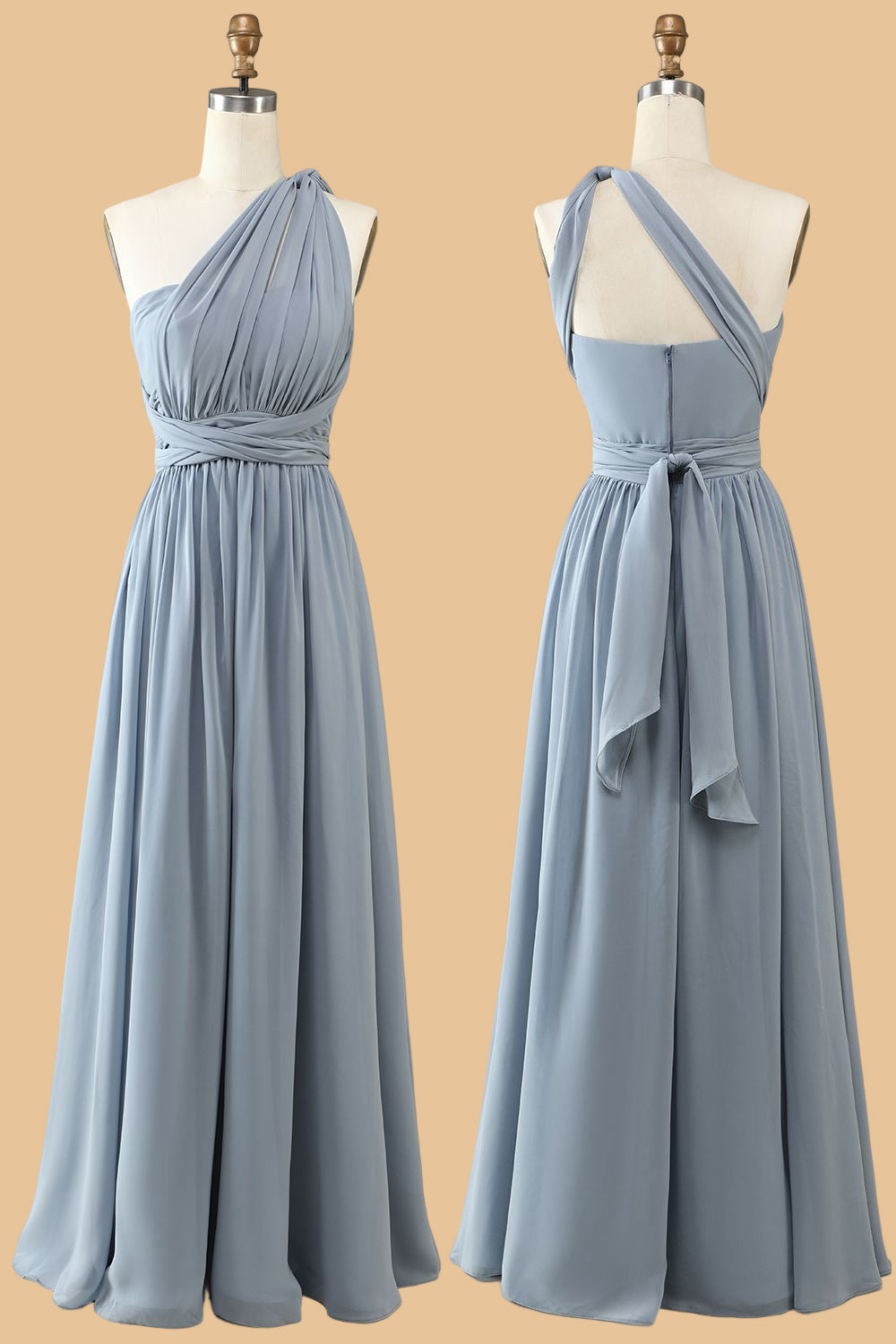 Evening Dresses Modest, Dusty Blue A-line Chiffon Long Convertible Bridesmaid Dress