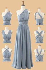 Evening Dresses Yellow, Dusty Blue A-line Chiffon Long Convertible Bridesmaid Dress