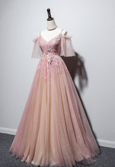 Homecoming Dresses Freshman, Pink V-Neck Lace Long Prom Dresses, A-Line Evening Dresses