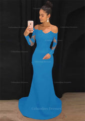 Bridesmaid Dress Colors Scheme, Elastic Satin Prom Dress Sheath/Column Off-The-Shoulder Court Train With Lace