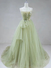 Bridesmaids Dresses Websites, Elegant A Line Open Back Green Tulle Long Prom Dresses, Green Formal Graduation Evening Dresses