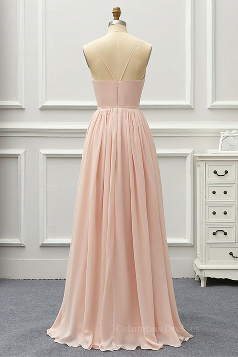 Evening Dress Style, Elegant A Line V Neck Pink Long Prom Dress, Pink Formal Graduation Evening Dress