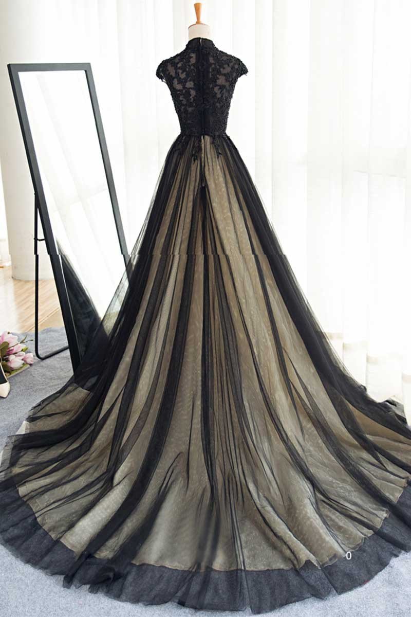 Party Dresses With Sleeves, Elegant High Neck Swee Train Rhinestone Prom Dress, Black Formal Dress