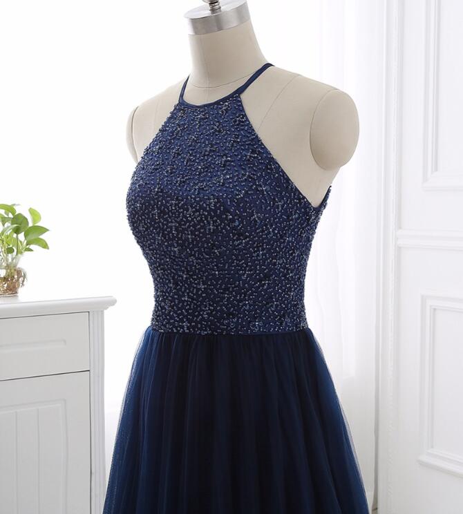 Green Bridesmaid Dress, Elegant Navy Blue Halter Beaded Long Evening Dress, Prom Dress