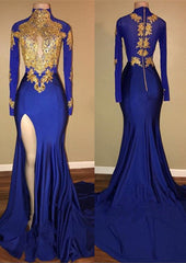 Elegant Royal Blue Prom Party GownsMermaid Long Sleeves With Appliques