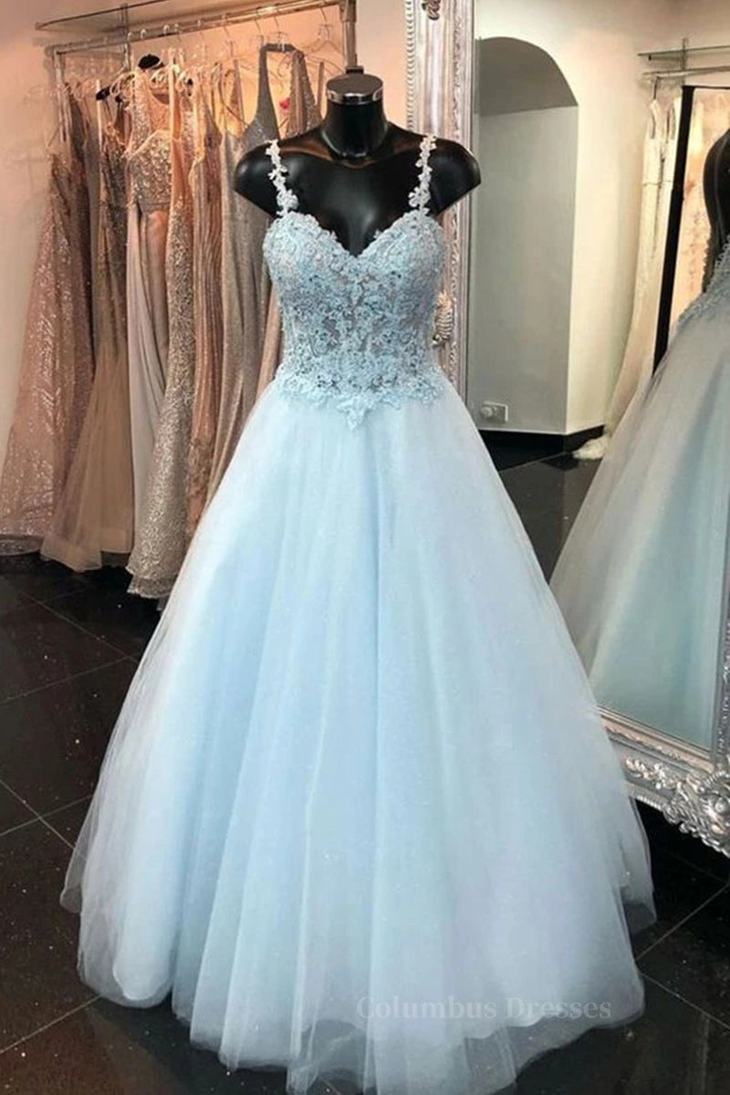 Prom Dress Long Beautiful, Elegant Spaghetti Straps Backless Long Blue Lace Prom Dress, Backless Blue Lace Formal Graduation Evening Dress