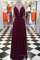 Party Dress Set, Elegant V Neck Open Back Burgundy Prom Dresses, Open Back Burgundy Formal Dresses, Long Burgundy Evening Dresses