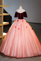 Prom Dress Tight, Elegant Velvet Tulle Long Formal Dress, Burgundy Off the Shoulder Sweet Flower Party Dress