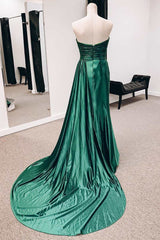 Bridesmaids Dresses Orange, Emerald Green Satin Strapless Long Formal Dresses with Train