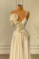 Fabulous White Satin Evening Prom Dresses with Ruffles