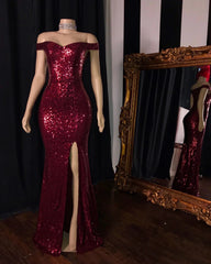 Formal Dresses For Ladies Over 56, Long Mermaid Burgundy Sequin Prom Dresses Glitter Split Evening Gown