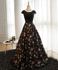 Green Bridesmaid Dress, Black Lace Floral Patterns Long Prom Dress, Black Evening Dress