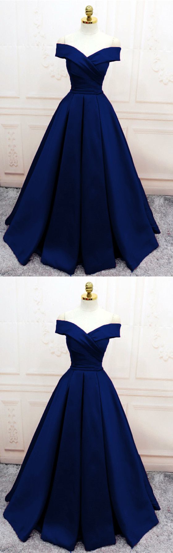 Prom Dresses 2035 Cheap, Navy Blue Satin V Neck Off Shoulder Prom Dresses, Long Evening Gowns