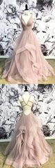 Prom Dress Sweetheart, Champagne V Neck Tulle Long Prom Dress, Tulle Evening Dress