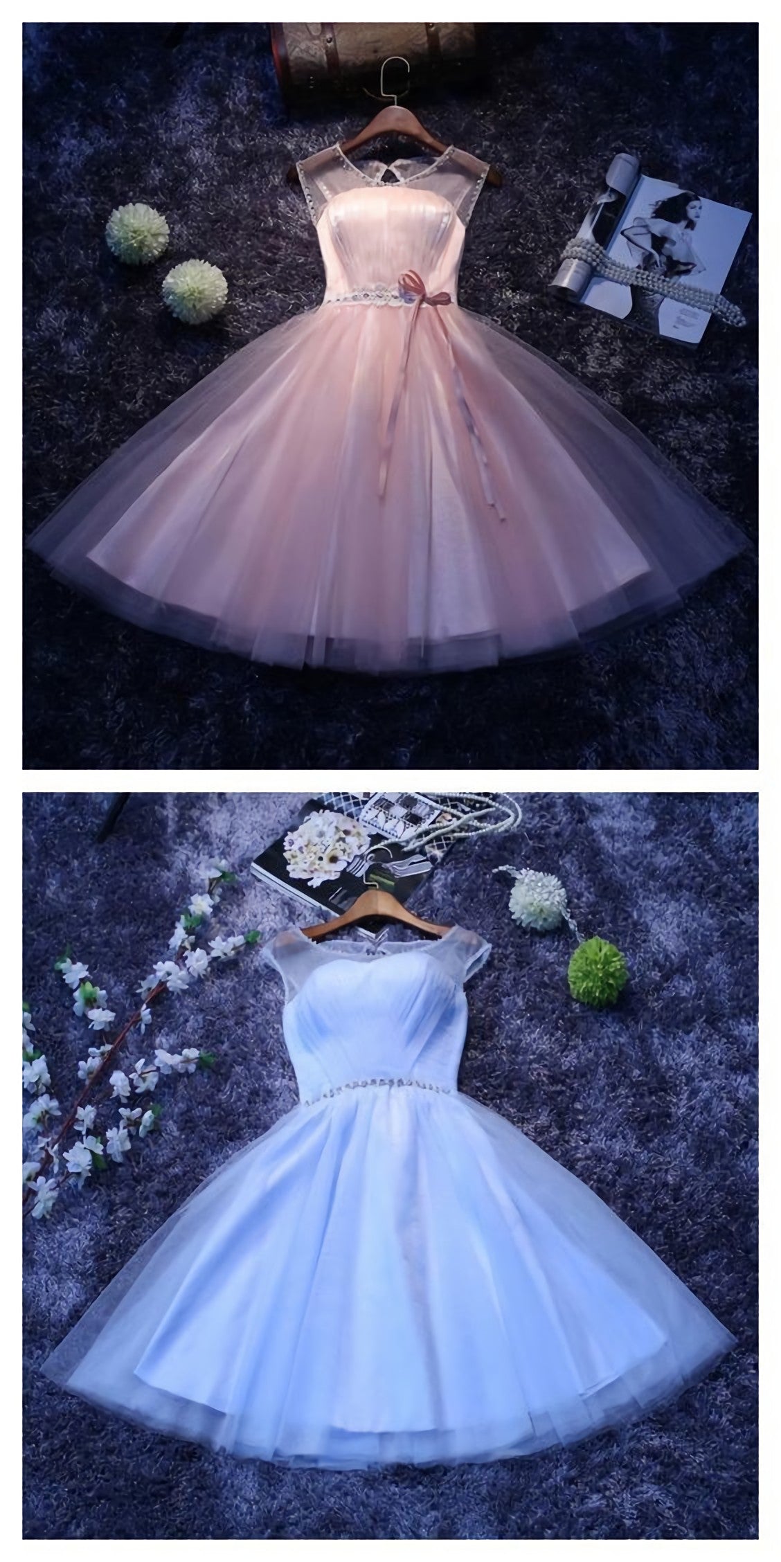 Bow Dress, Vintage Round Neck Knee Length Beading Waist Homecoming Dresses