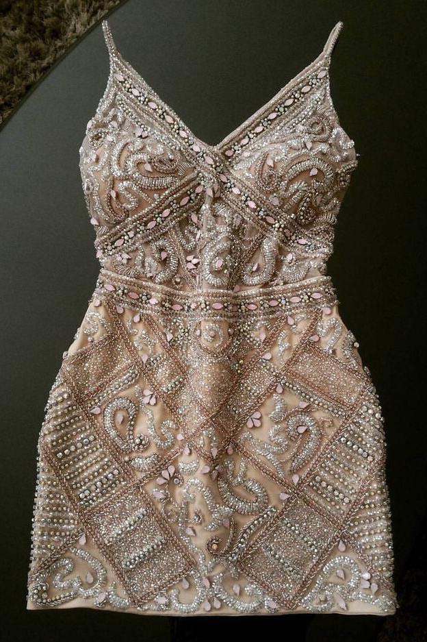 Prom Dress Lace, Short Homecoming Dresses, Spaghetti Straps Mini Dress With Beaded