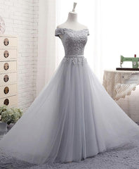 Party Dress Satin, Gray A Line Lace Off Shoulder Prom Dress, Lace Evening Dresses