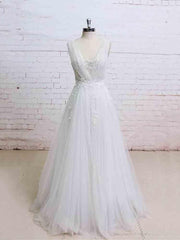 Wedding Dress Boutique, Glamorous Long A-line V-Neck Backless Tulle Wedding Dresses