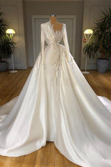 Wedding Dresses Summer, Glamorous Long Sleeves Pearls Wedding Dresses Mermaid With Detachable Train