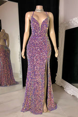 Glittering Spaghetti-Straps Sequins Prom Dress Mermaid Sleeveless With Slit