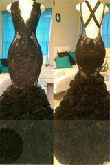 Gorgeous Black Mermaid V-Neck Tulle Appliques Open-Back Prom Party Gowns