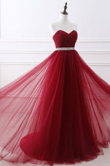 Gorgeous Burgundy Sweetheart Long Prom Dress Tulle Crystal Evening Gown