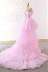 Homecoming Dresses 2056, Gorgeous High Low Pink Tulle Long Prom Dresses, Pink Tulle Formal Graduation Evening Dresses