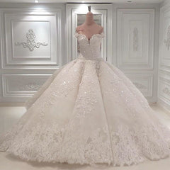 Weddings Dress Near Me, Gorgeous Long Off The Shoulder Beadings Ball Gown Wedding Dress