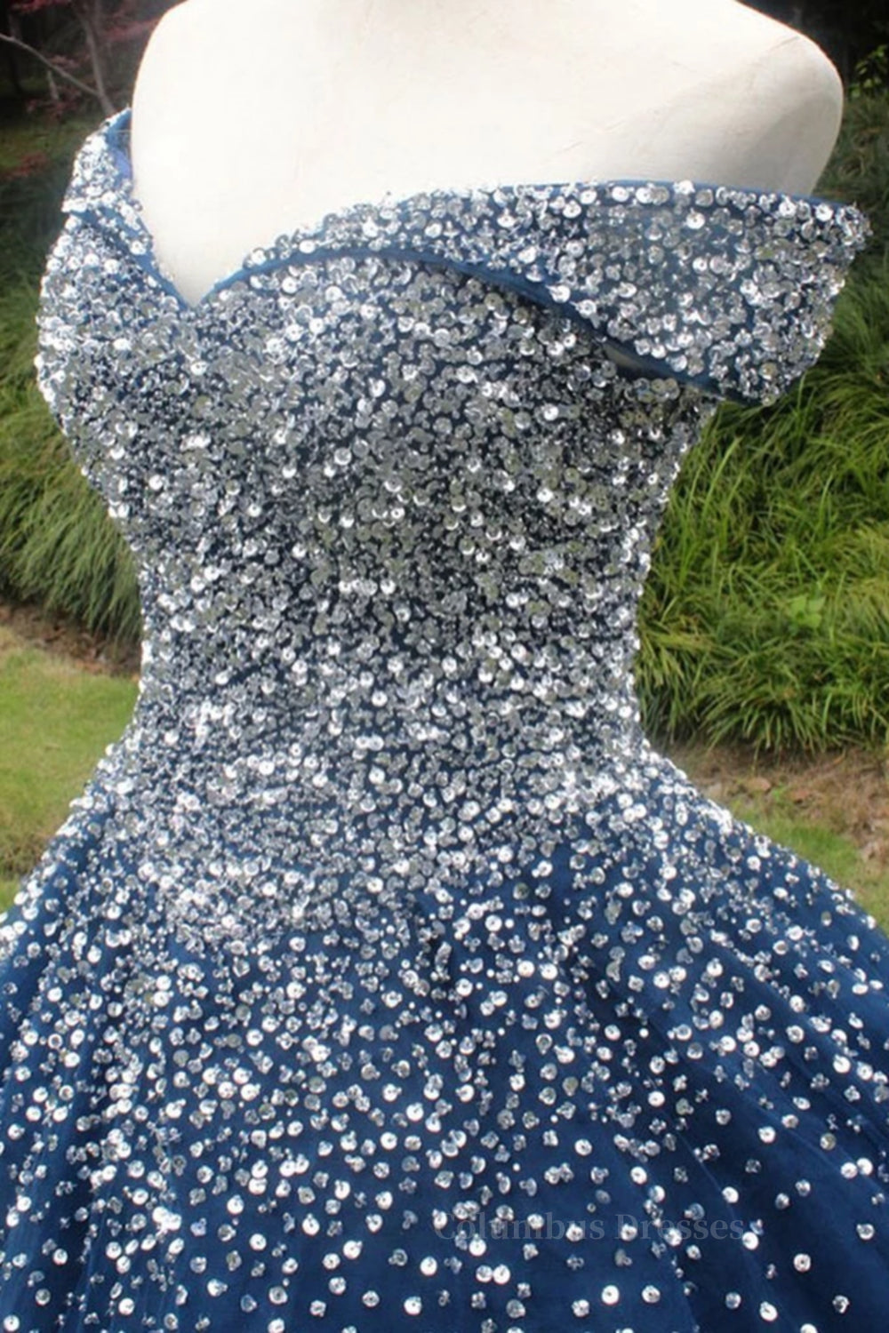 Prom Dress Long With Sleeves, Gorgeous Off Shoulder Sequins Blue Long Prom Dress, Shiny Sequins Blue Formal Evening Dress, Blue Ball Gown