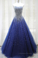 Cocktail Dress, Gorgeous Strapless Blue Tulle Beaded Long Prom Dresses, Beaded Blue Formal Evening Dresses, Beaded Ball Gown