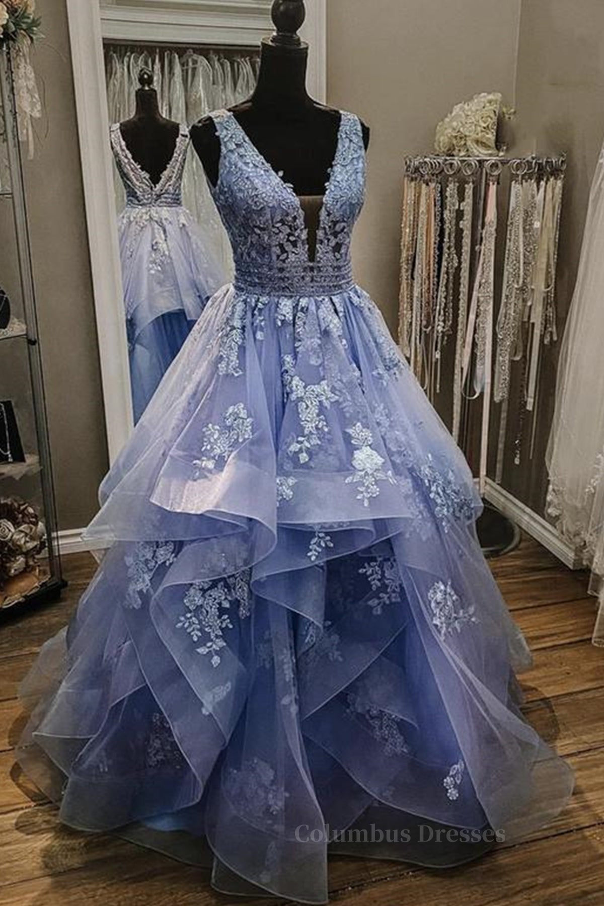 Homecoming Dress Shopping, Gorgeous V Neck and V Back Blue Tulle Lace Long Prom Dresses, Puffy Blue Lace Formal Evening Dresses