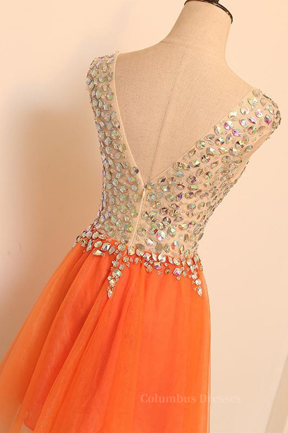 Formal Dress For Wedding Guest, Gorgeous V Neck Open Back Orange Short Prom Homecoming Dresses, Short Orange Formal Evening Dresses