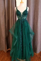 Party Dress White, Hunter Green Flower Straps Deep V Neck Appliques Ruffles Long Prom Dress