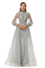 Evening Dress Sleeves, Gray Beaded Mermaid Long sleeves Prom Dresses