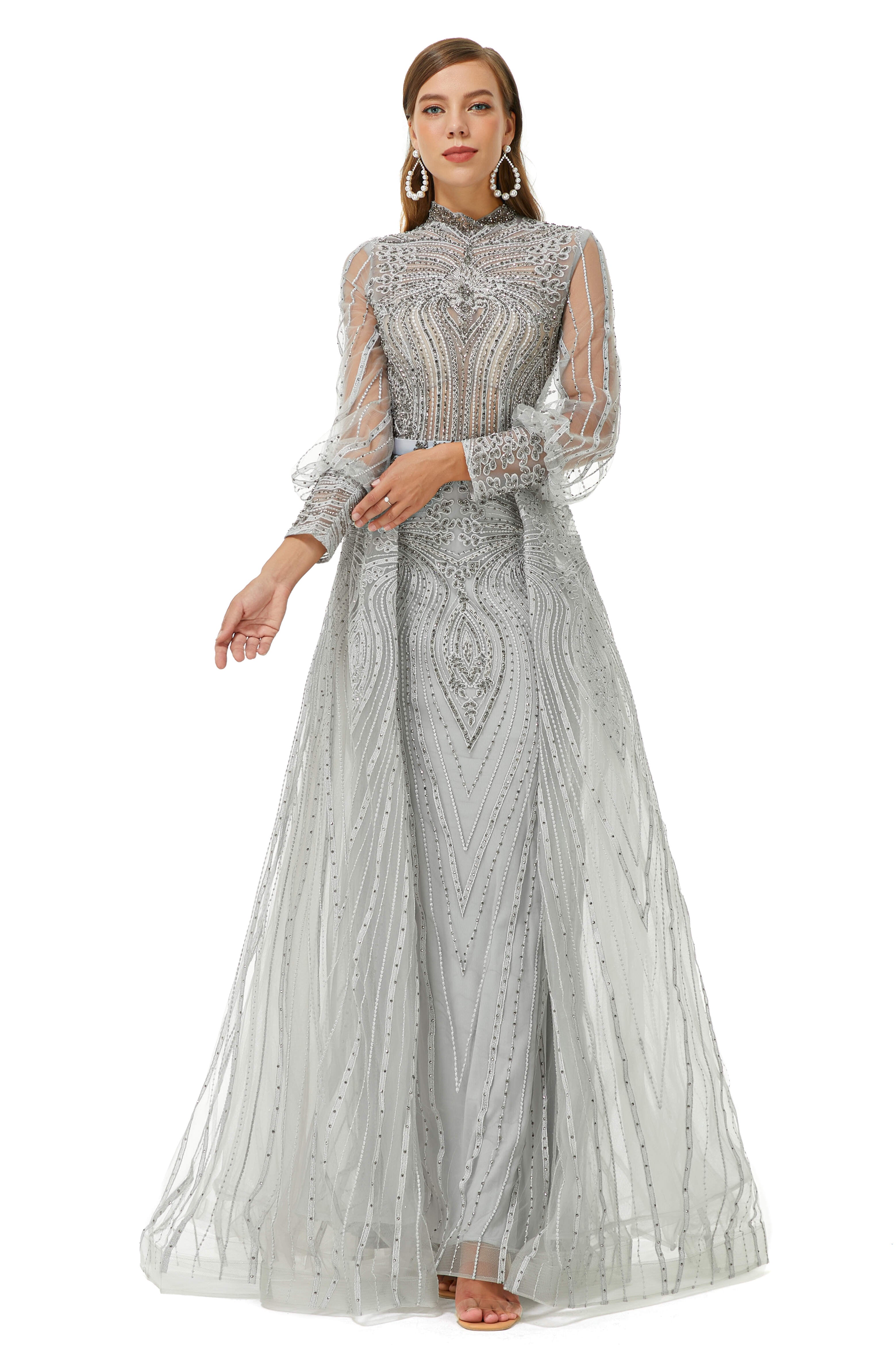 Evening Dress Green, Gray Beaded Mermaid Long sleeves Prom Dresses