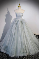 Prom Dresses Blush, Gray Strapless Long Formal Dress, Gray Tulle Evening Dress Party Dress