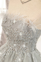 Prom Dress And Boots, Gray Strapless Tulle Short Prom Dress with Sequins, Cute A-Line Party Dress