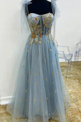 Evening Dresses Gold, Gray Tulle Lace Long Prom Dress, A-Line Spaghetti Straps Evening Dress