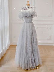 Homecoming Dresses Classy Elegant, Gray tulle off shoulder long prom dress, gray tulle formal dress