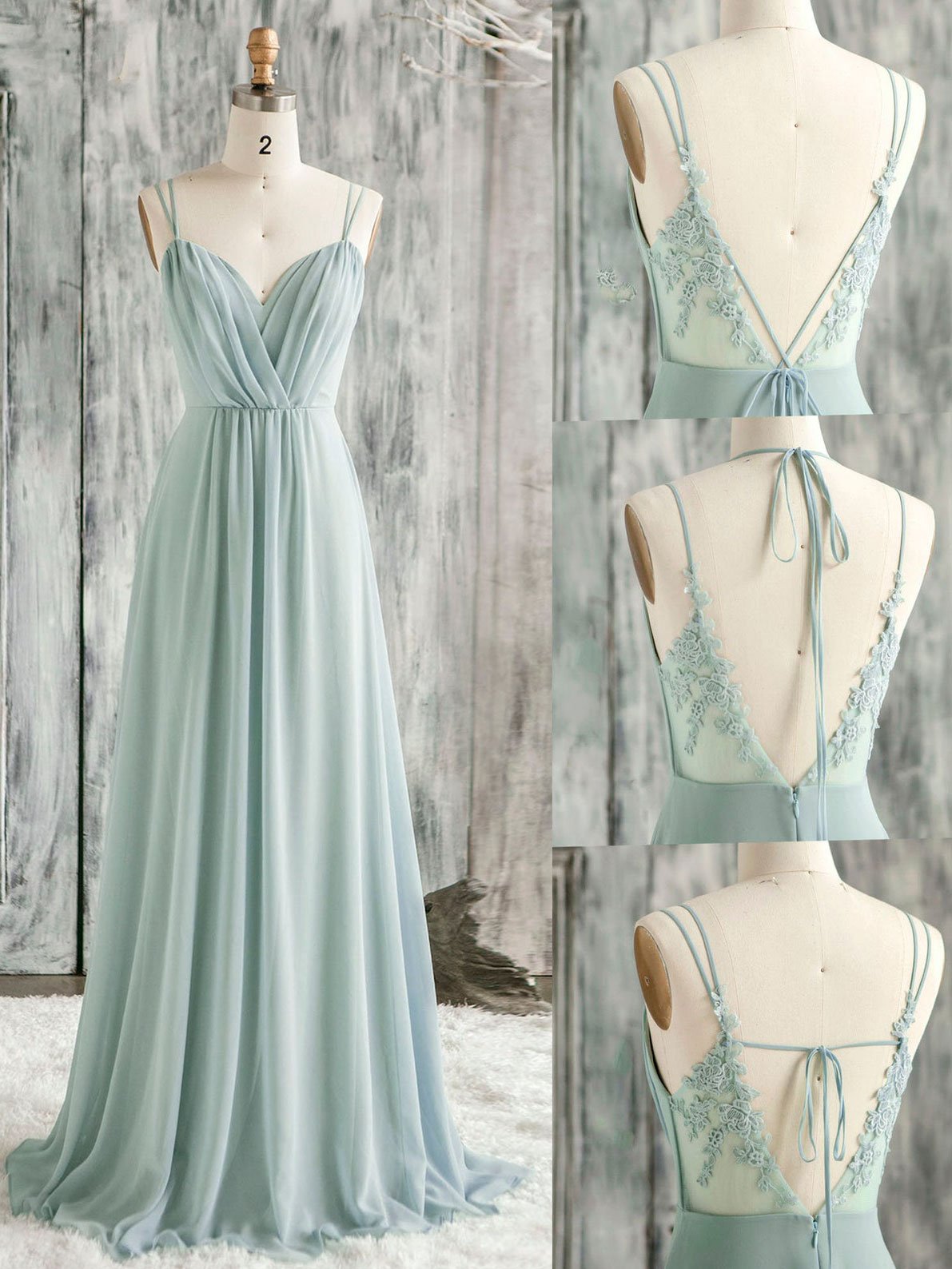 Party Dress Dames, Green A line Chiffon Lace Long Prom Dress, Lace Bridesmaid Dress