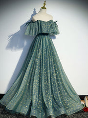 Bridesmaid Dresses Elegant, Green A line Tulle Long Prom Dresses, Green Graduation Dresses